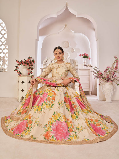 Myra Cream Digital Printed Georgette Lehanga - Distacart