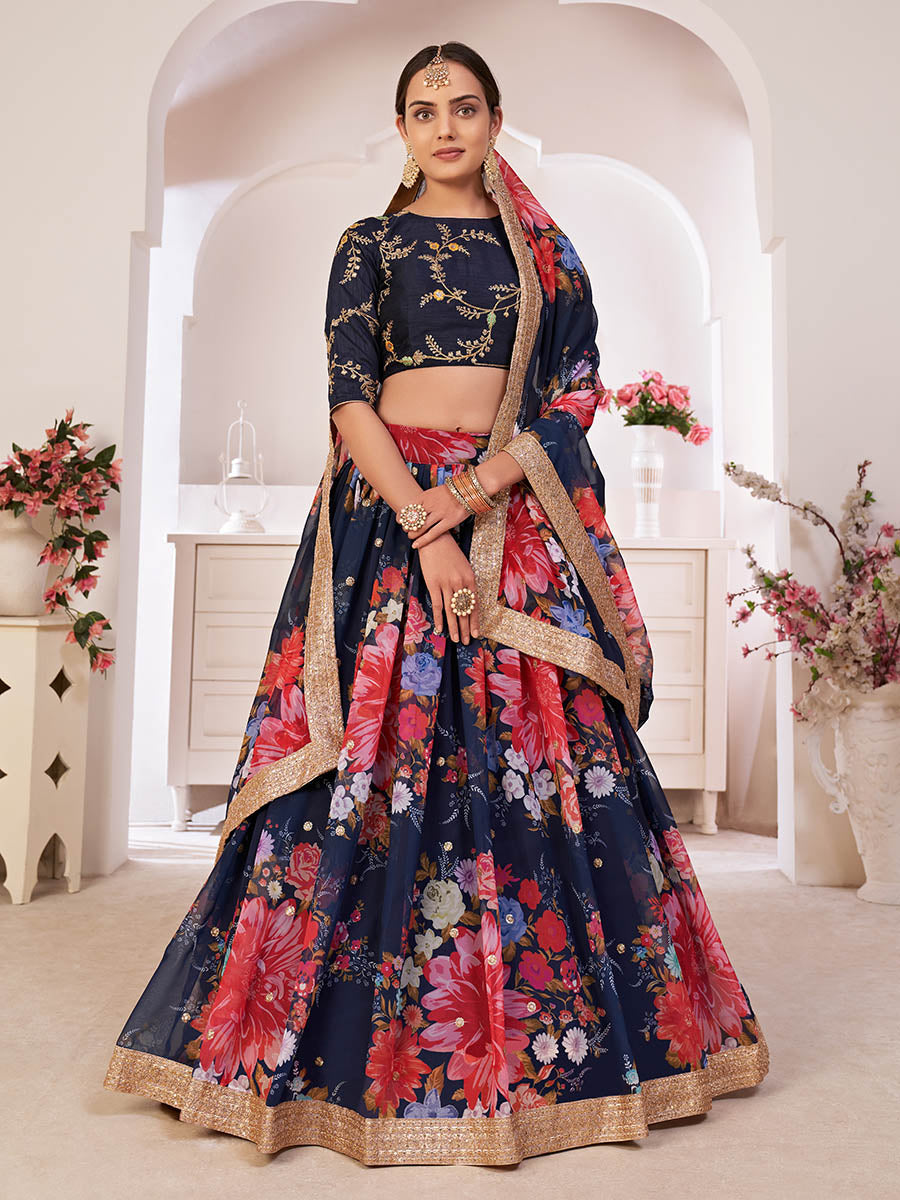 Myra Navy-Blue Digital Printed Georgette Lehanga - Distacart