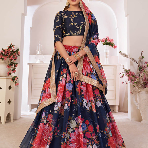 Myra Navy-Blue Digital Printed Georgette Lehanga - Distacart