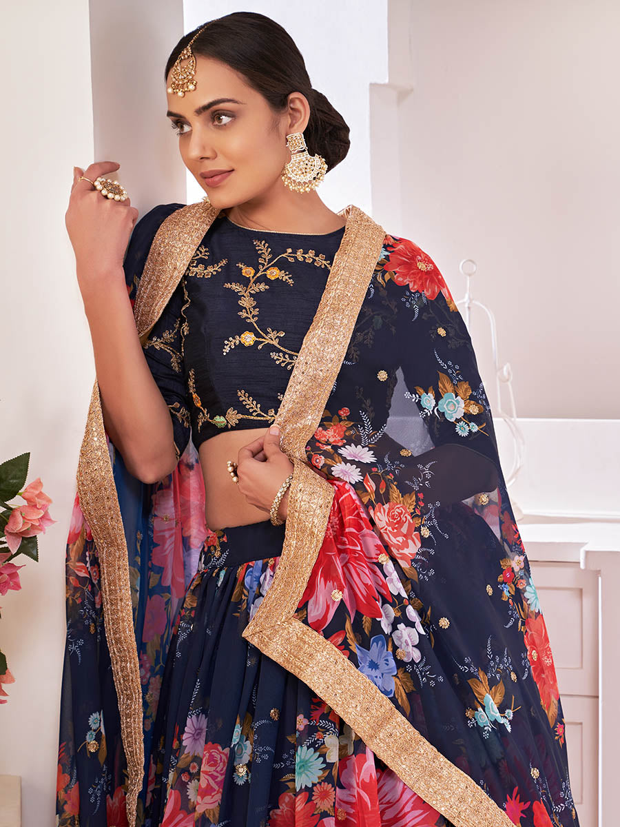 Myra Navy-Blue Digital Printed Georgette Lehanga - Distacart