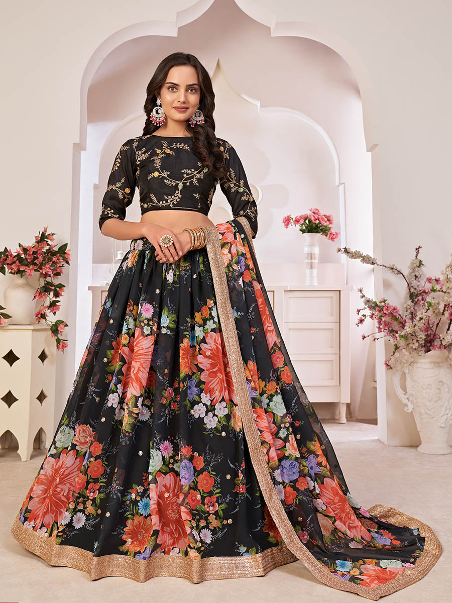 Myra Black Digital Printed Georgette Lehanga - Distacart