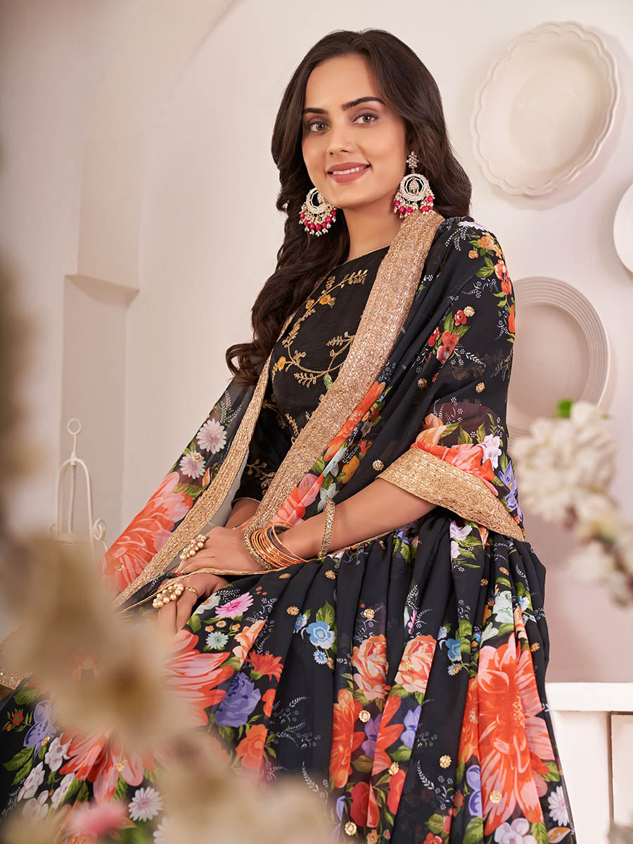 Myra Black Digital Printed Georgette Lehanga - Distacart