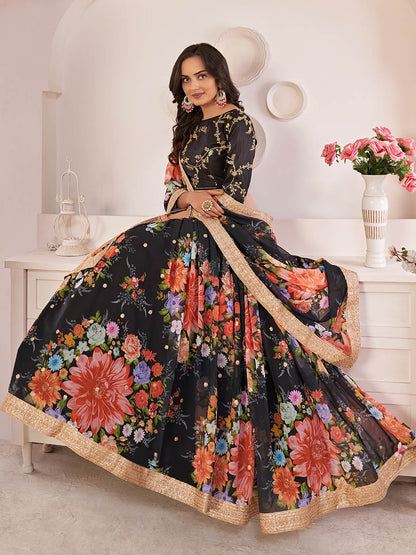 Myra Black Digital Printed Georgette Lehanga - Distacart