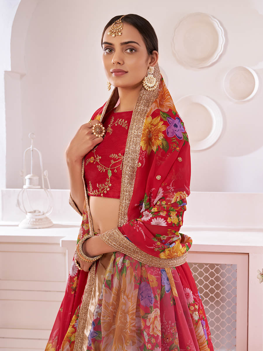 Myra Red Digital Printed Gorgette Lehanga - Distacart