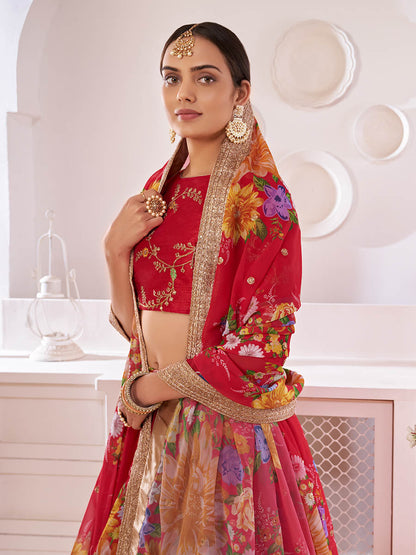 Myra Red Digital Printed Gorgette Lehanga - Distacart