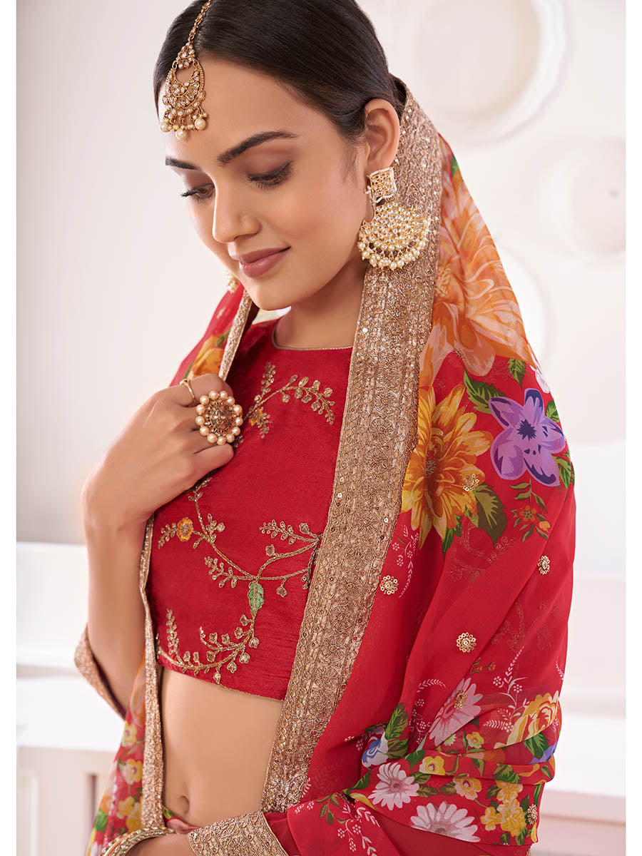 Myra Red Digital Printed Gorgette Lehanga - Distacart