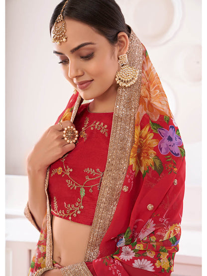 Myra Red Digital Printed Gorgette Lehanga - Distacart