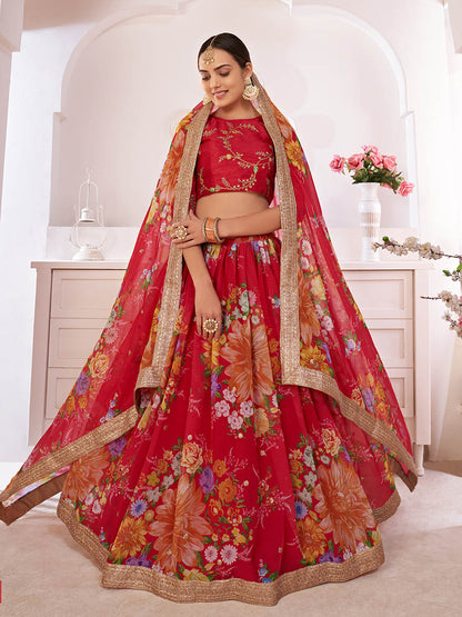 Myra Red Digital Printed Gorgette Lehanga - Distacart