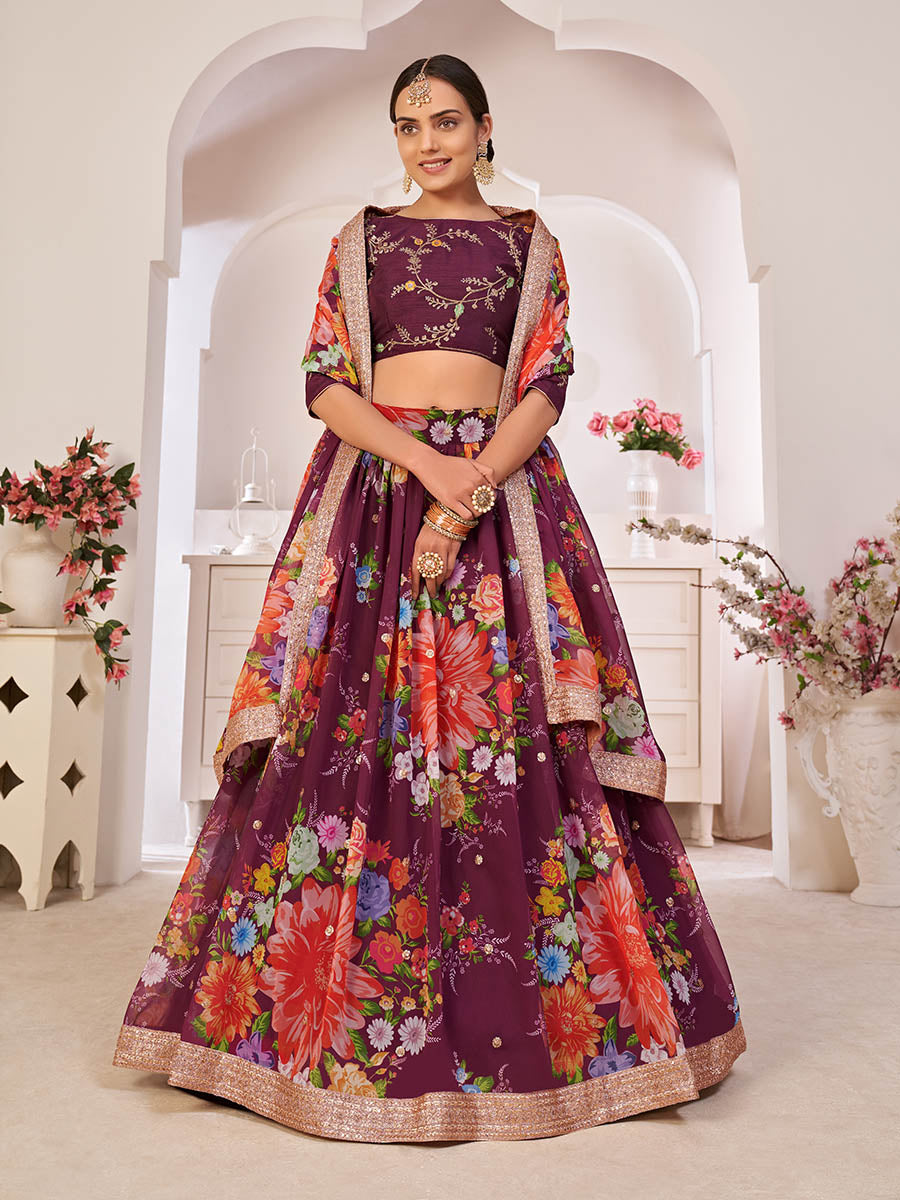 Myra Wine Digital Printed Georgette Lehanga - Distacart