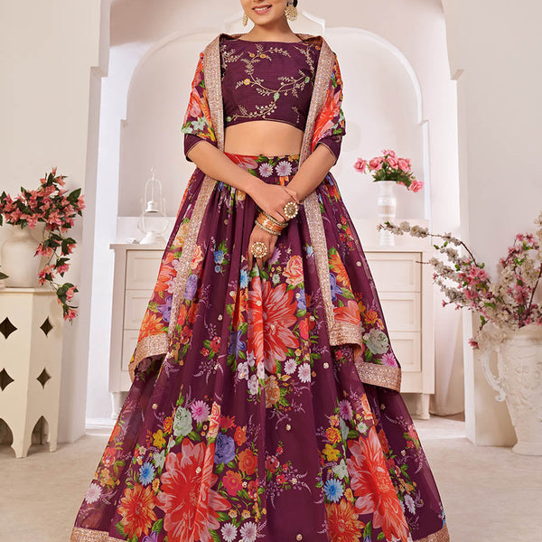 Myra Wine Digital Printed Georgette Lehanga - Distacart