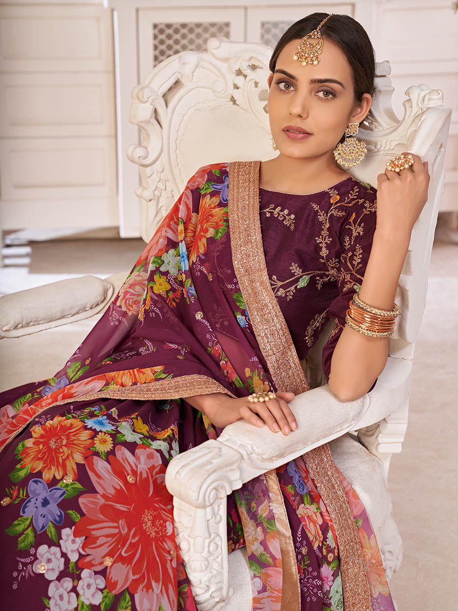 Myra Wine Digital Printed Georgette Lehanga - Distacart