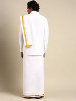 Thumbnail for Ramraj Cotton Mens Premium Wedding Cotton White Dhoti with shirt Bit & Towel Set - Distacart