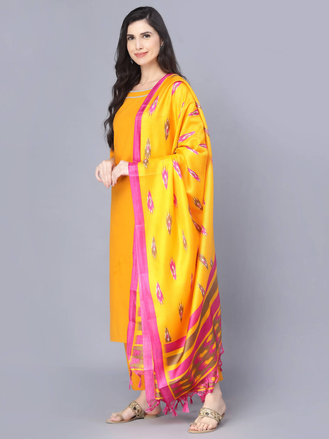 Myshka Women Mustard Yellow Pure Cotton Kurta with Trousers With Dupatta - Distacart