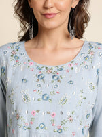 Thumbnail for Sky Blue Chinon Floral Embroidered Dress - Nandani - Distacart