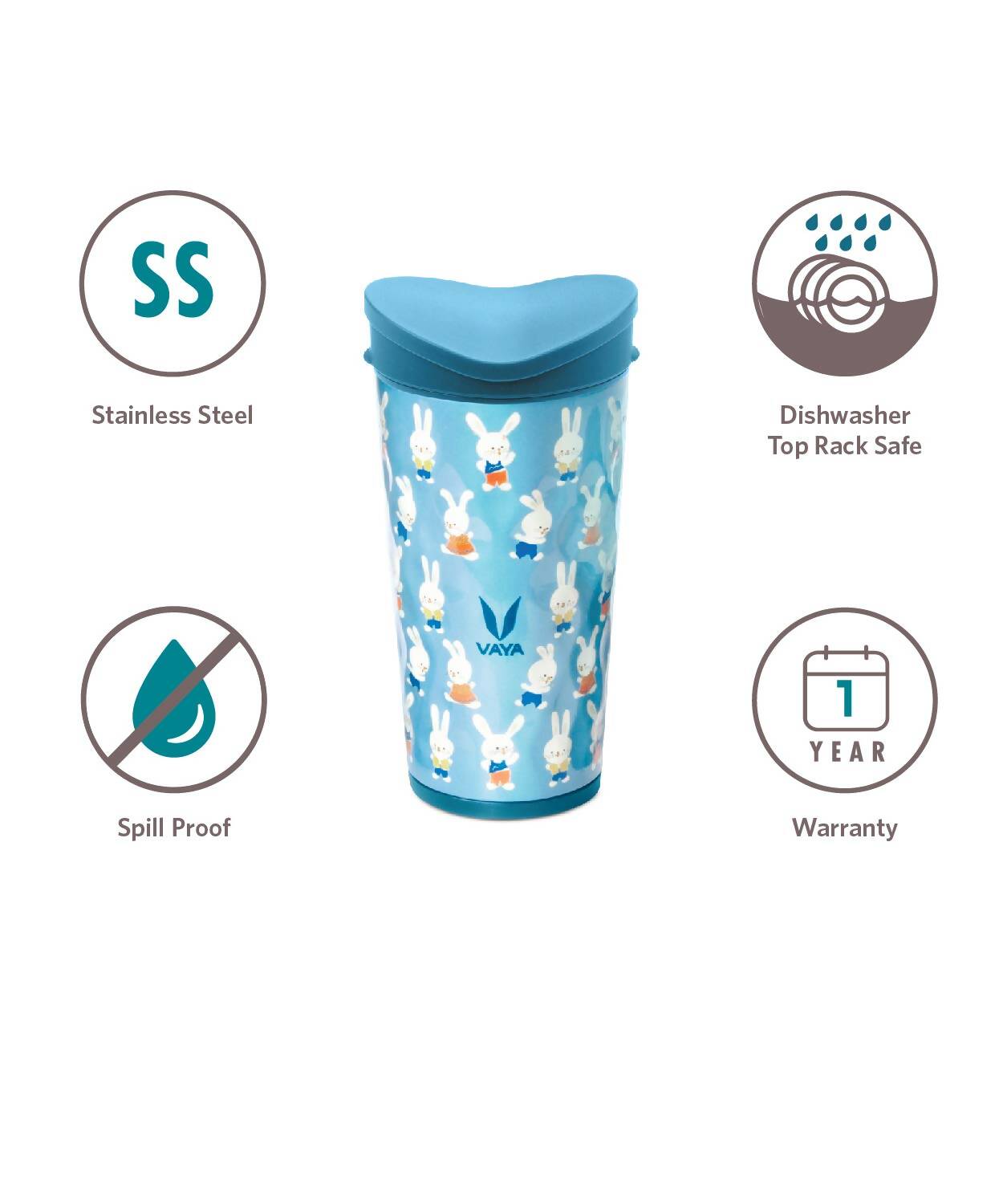 Vaya Drynk Stainless Steel Strawless Silicone Bunnies Print Spout Tumbler With Spill-Proof Pediasafe Lid - 350ml (Blue) - Distacart