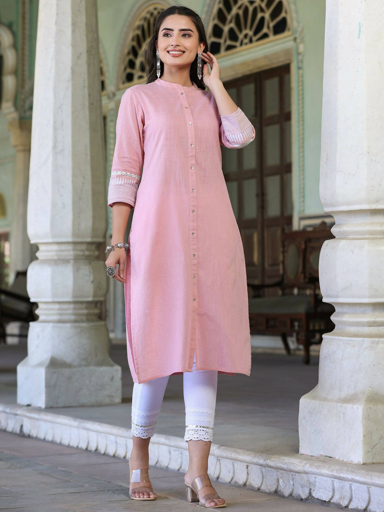 Juniper Women's Pink Cotton Slub Embroidered Straight Kurta - Distacart