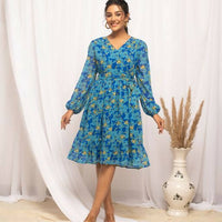 Thumbnail for FIORRA Women's Navy Blue Georgette Floral Printed Western Dress - Distacart