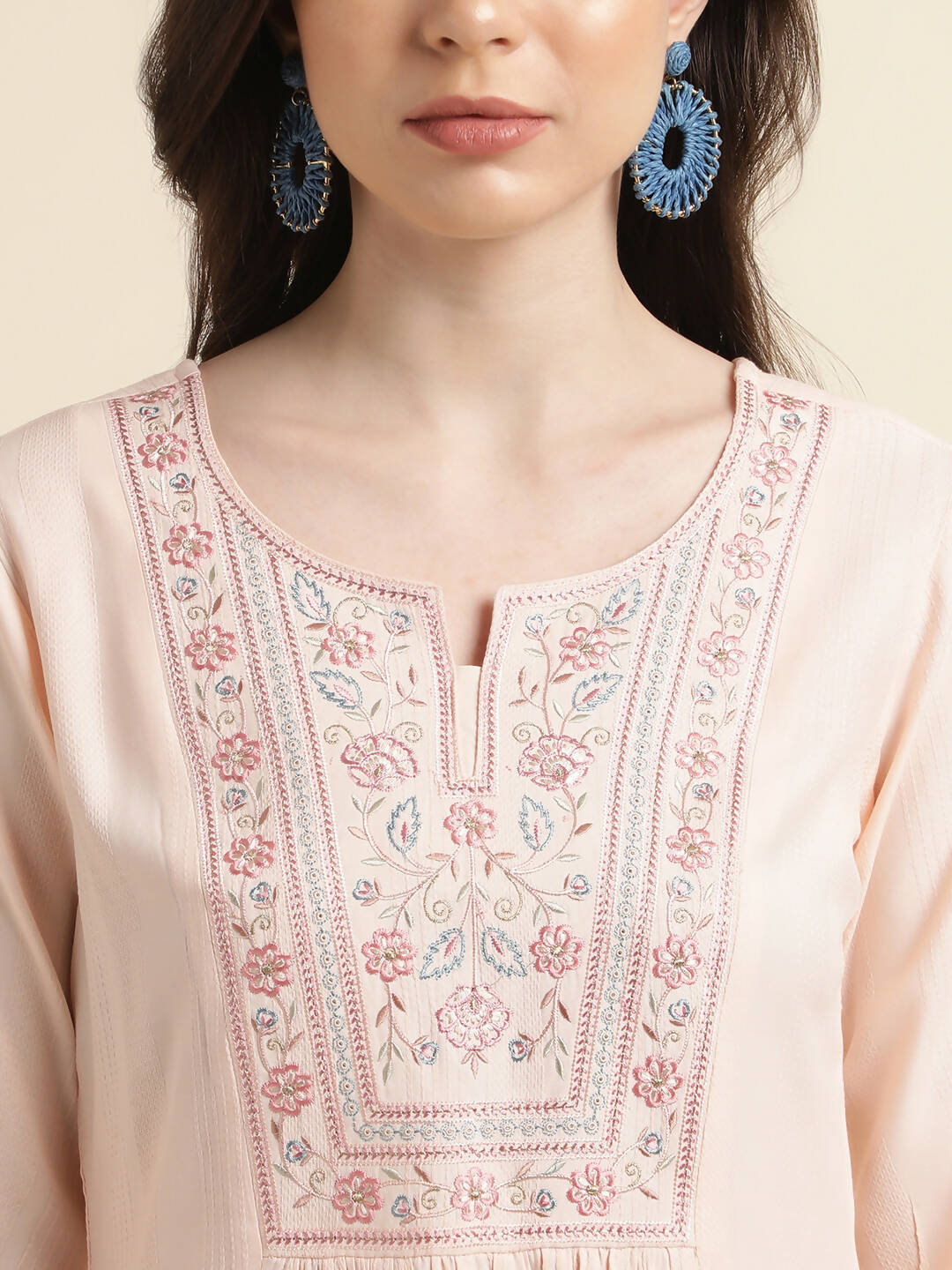 Peach Viscose Rayon Yoke Embroidered A-line Top - Tarini - Distacart