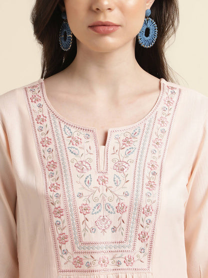 Peach Viscose Rayon Yoke Embroidered A-line Top - Tarini - Distacart