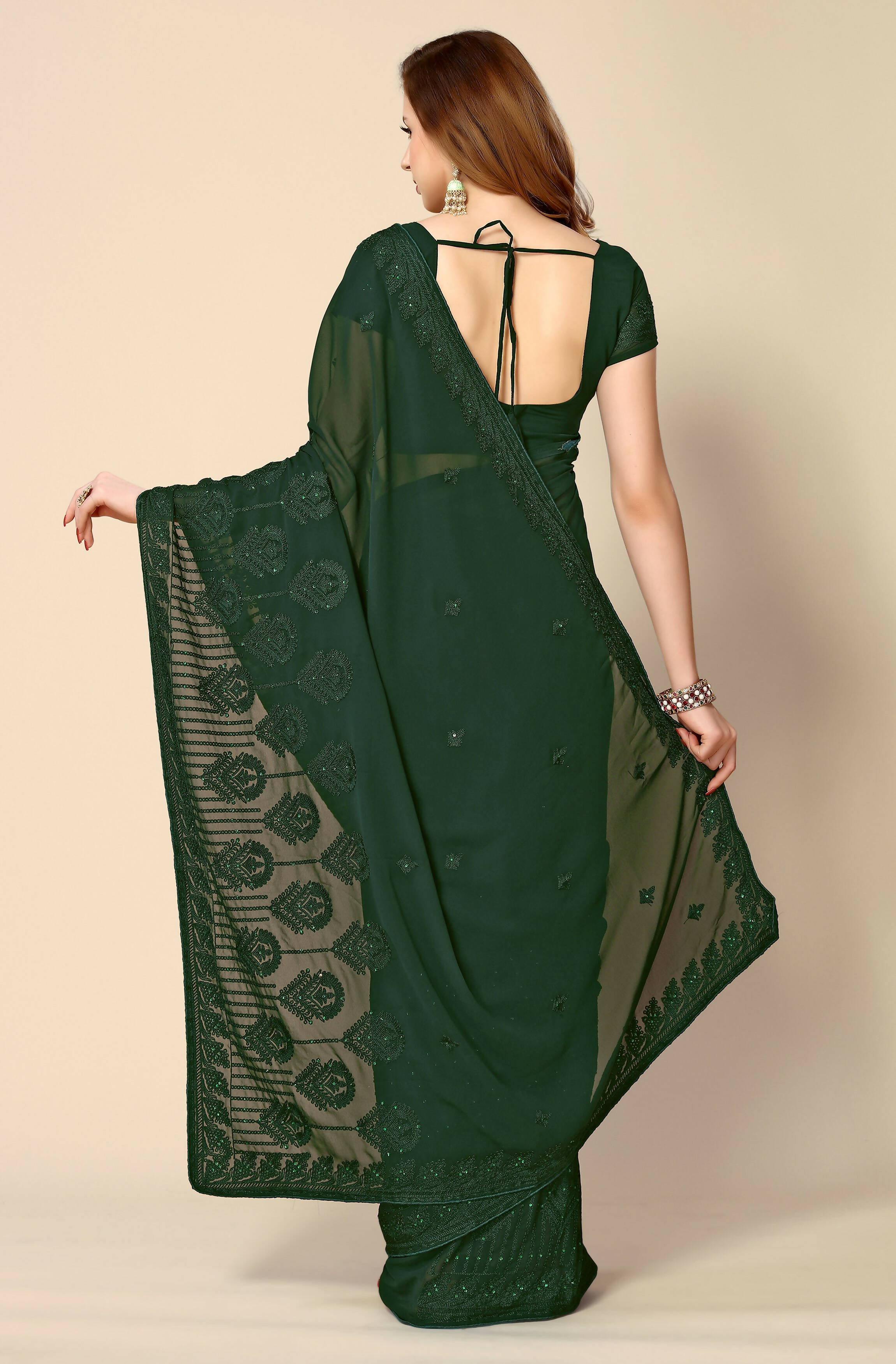 Green Georgette Embroidered and Stone Work Saree with Unstitched Blouse Piece - Roozal - Distacart