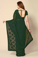 Thumbnail for Green Georgette Embroidered and Stone Work Saree with Unstitched Blouse Piece - Roozal - Distacart