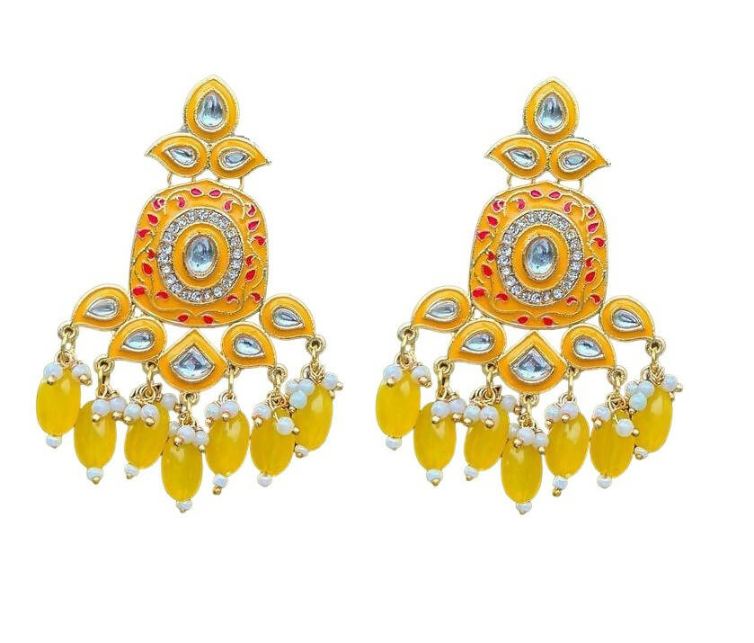Gold-Toned Yellow Kundan Contemporary Drop Earrings for Women & Girls By House of Ree - Distacart