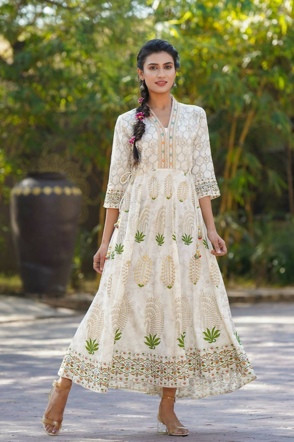 Juniper Womens Ivory Rayon Foil Printed Circular Maxi Dress With Mirror Embroidery - Distacart