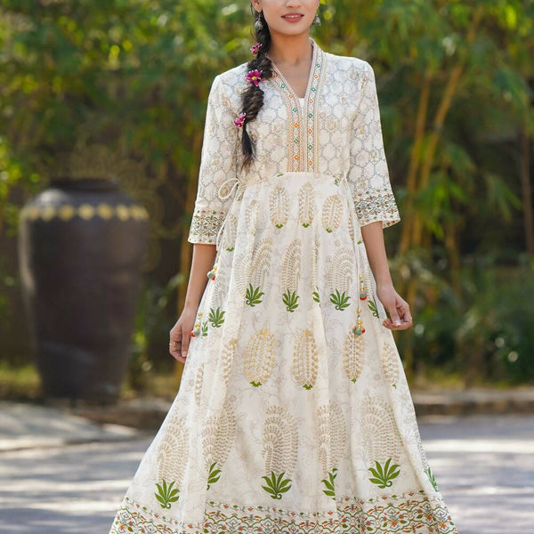 Juniper Womens Ivory Rayon Foil Printed Circular Maxi Dress With Mirror Embroidery - Distacart