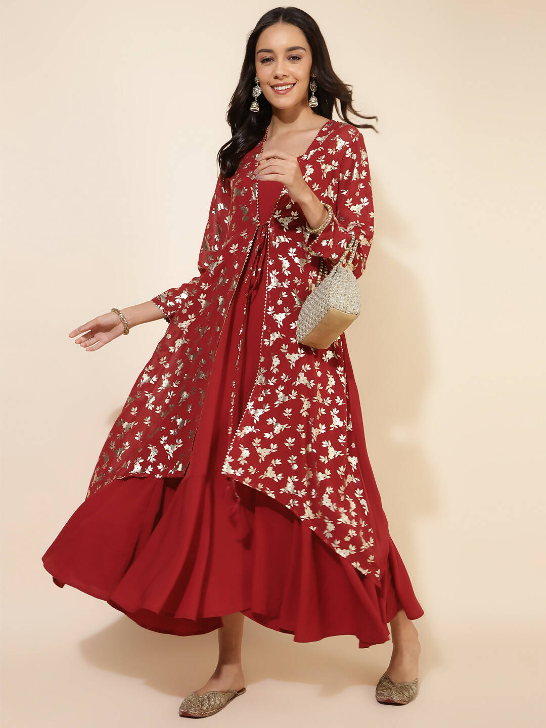 Janasya Women's Red Georgette Foil Printed Festive Flared Dress Set - Distacart