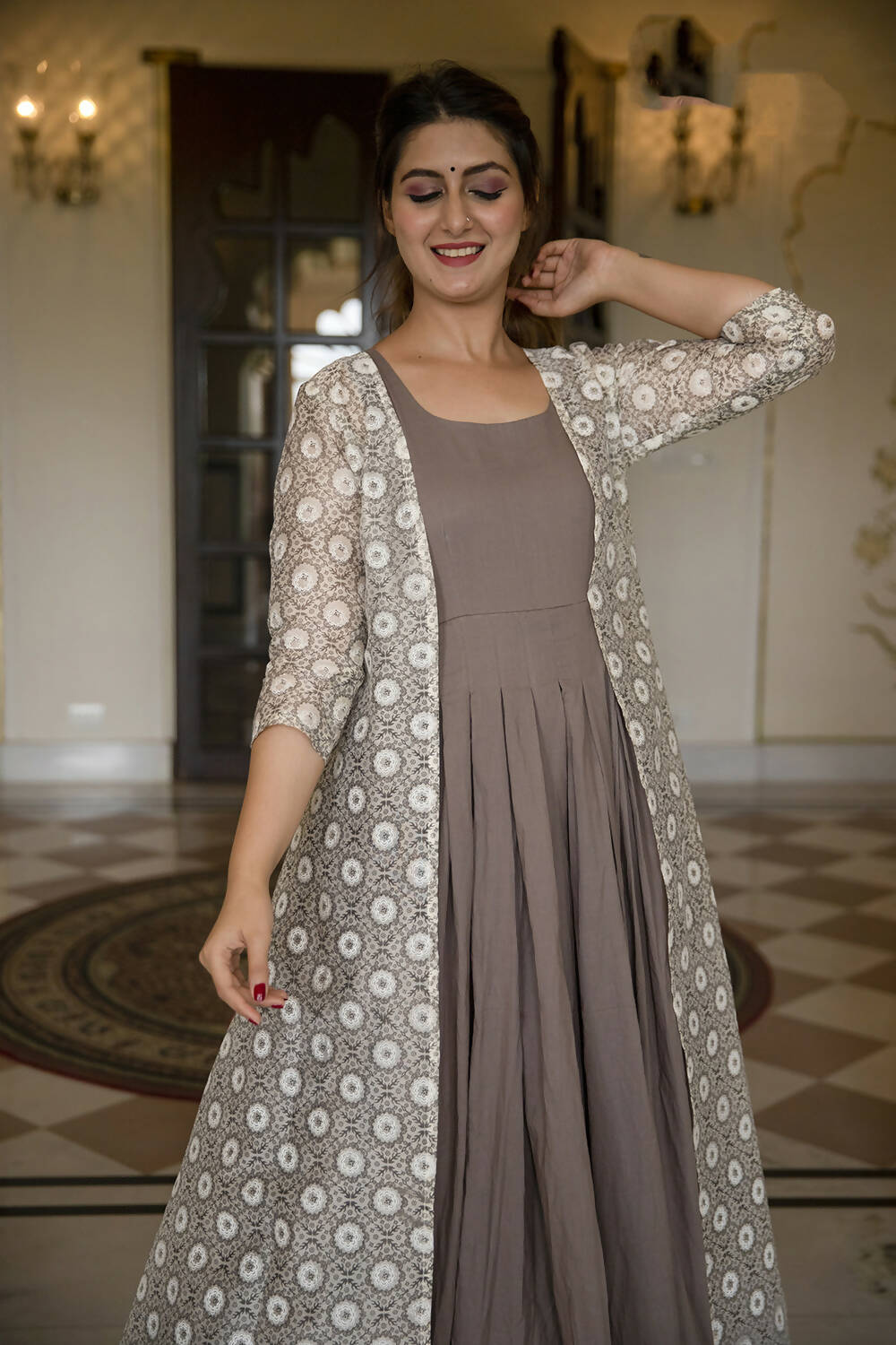 Partywear Designer Digital print Grey Maslin Gown - Anbazaar - Distacart