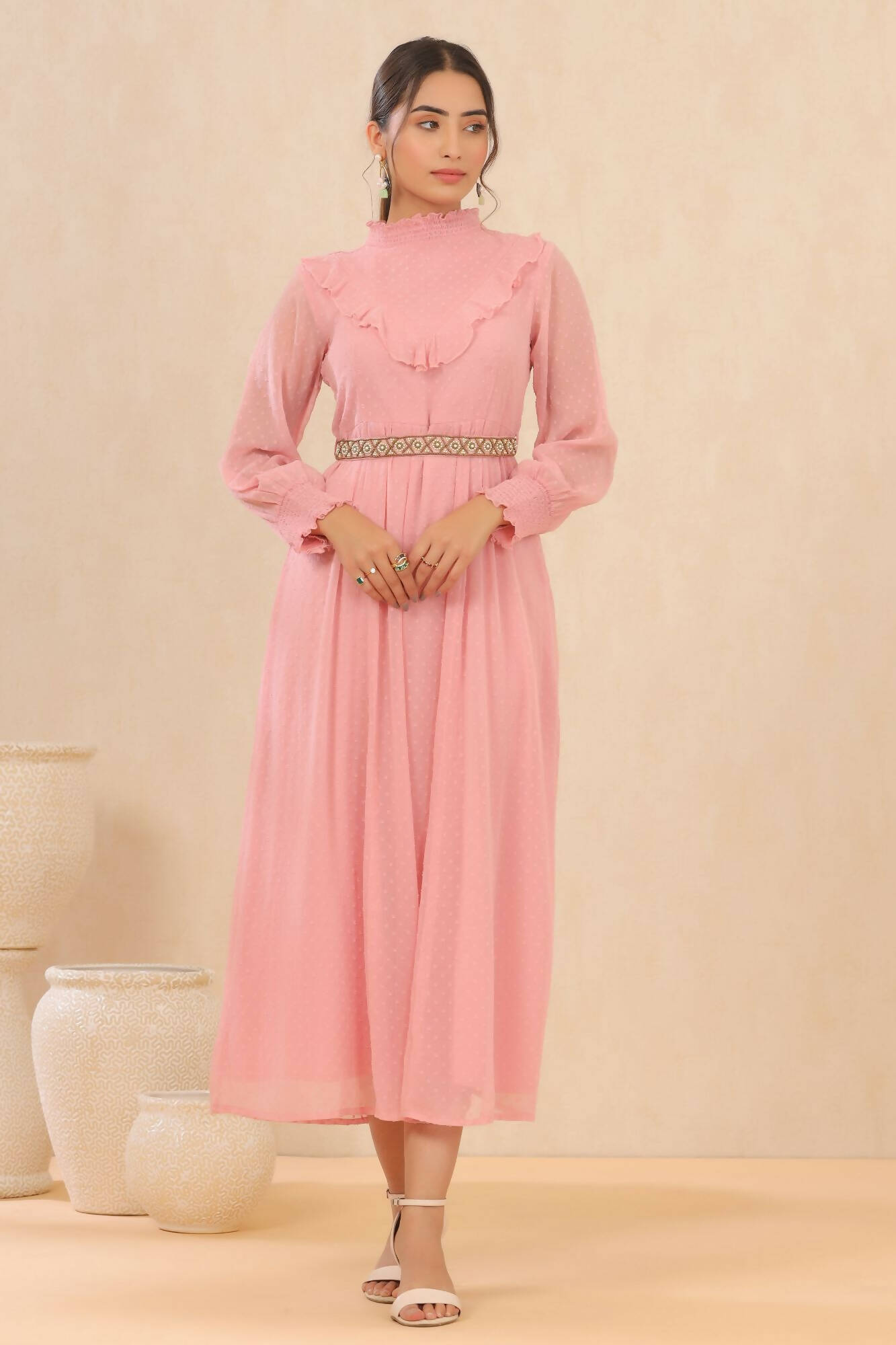 Juniper Women Pink Chiffon Woven Design Flared Dress - Distacart