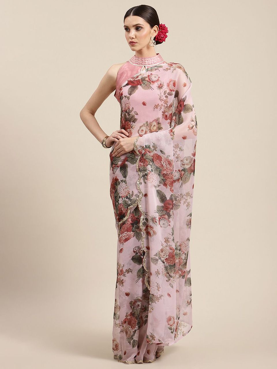 Ahalyaa Women's Pink Chiffon Digital Print Floral Saree - Distacart