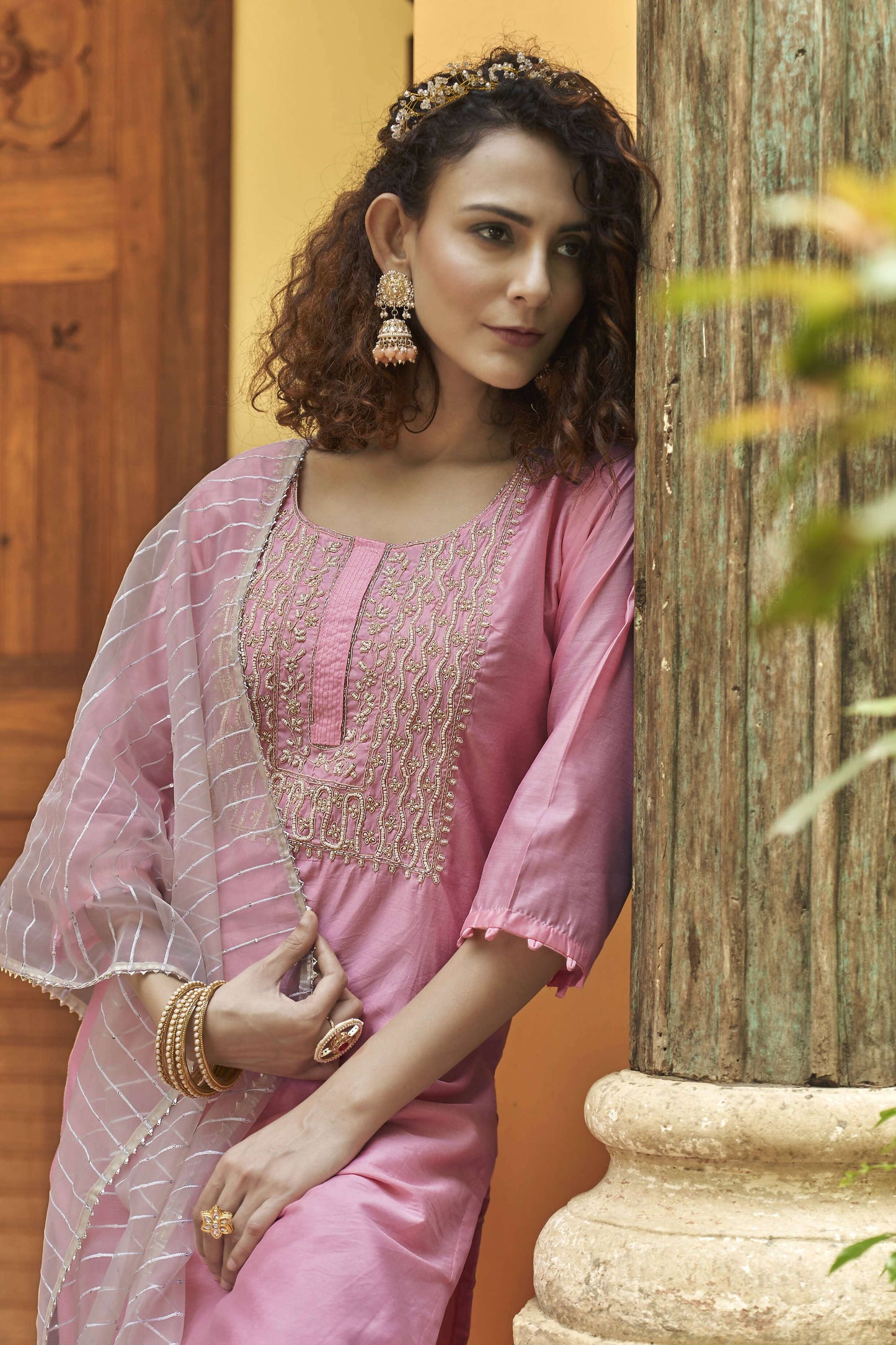 Pink Chinon Embroidered Kurta and Bottom with Dupatta - Akashara - Distacart