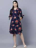 Thumbnail for Myshka Women Navy Blue Pink Floral Print A-line Dress - Distacart