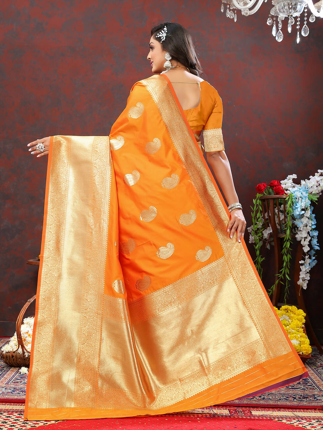 Lorenvalley Fashion Orange Soft Silk Woven Design Gold Zari Weaving Saree - Distacart