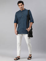 Thumbnail for Janasya Men Navy Blue & Yellow Geometric Printed Kurta - Distacart
