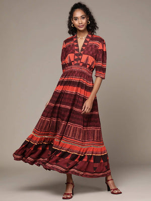 Ritu Kumar Women Orange & Rust Red Striped Ethnic Tiered A-Line Midi Dress - Distacart