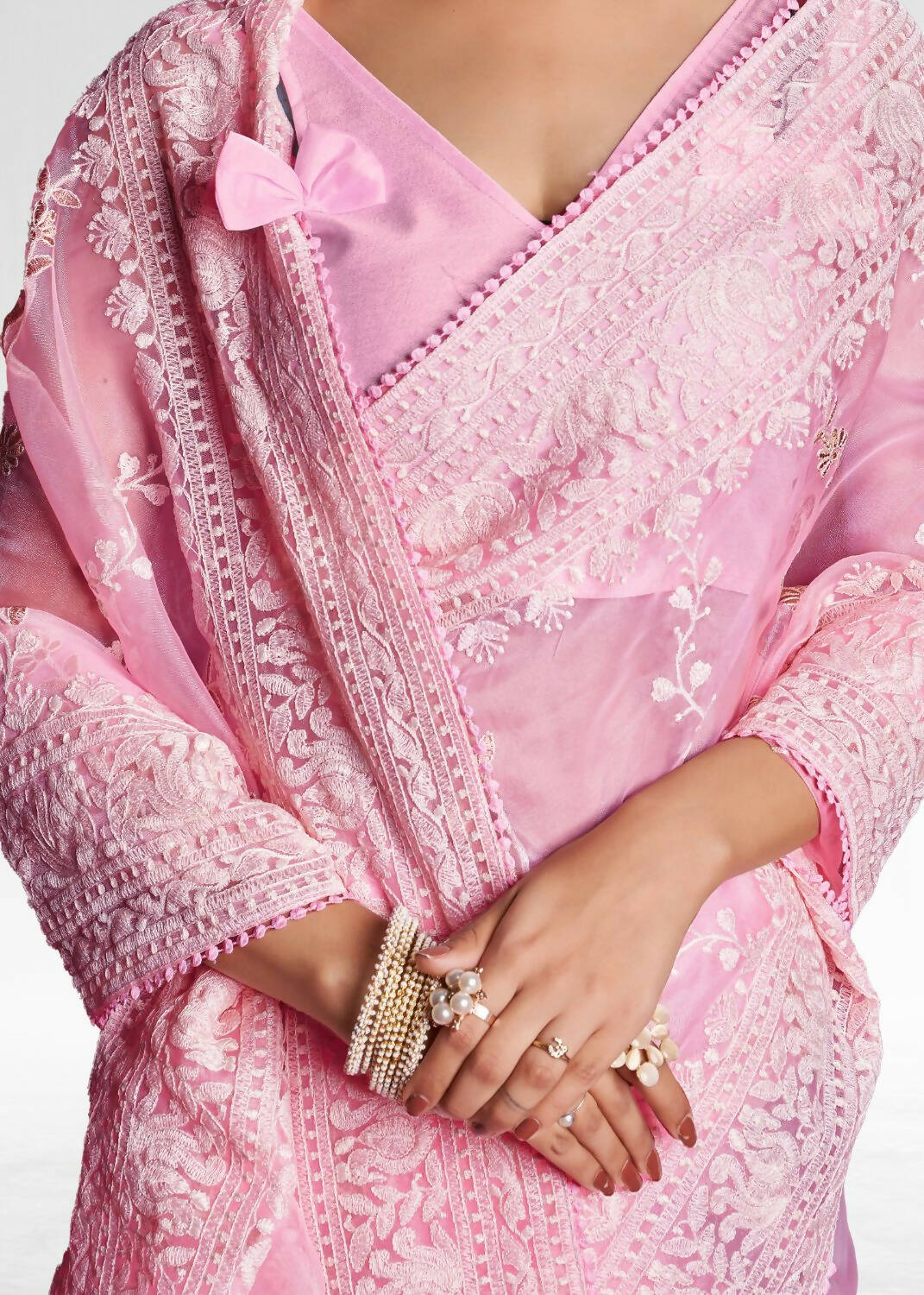 Vamsee Pink Organza Saree - Distacart