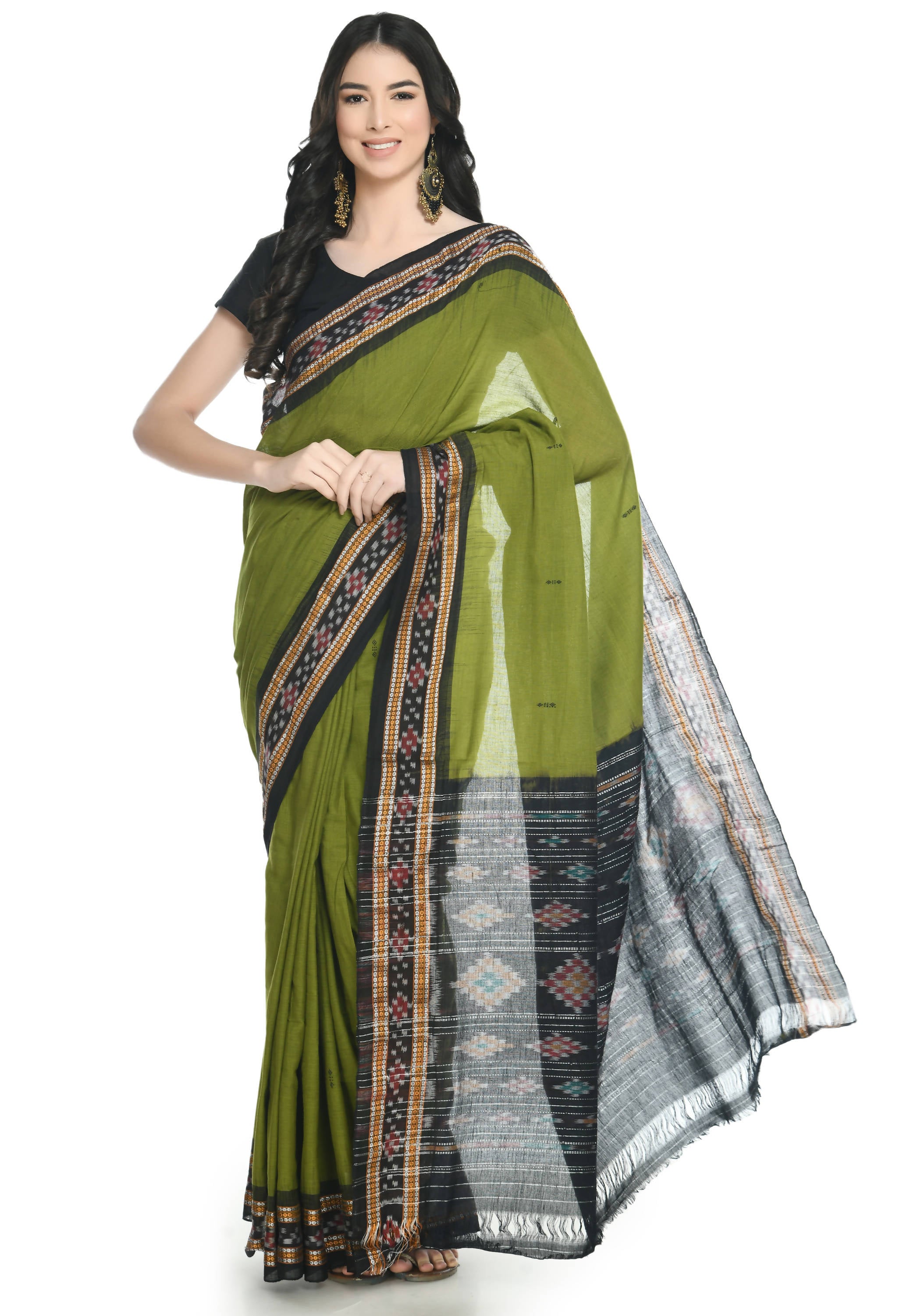 Vamika Sambalpuri Ikat Cotton Rekhabala Buti Green & Black Saree - Distacart