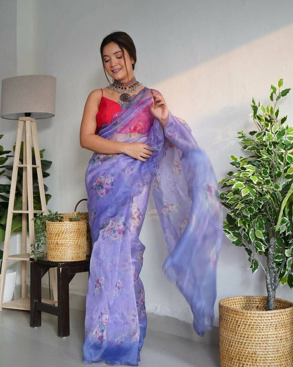 Vamsee Blue Organza Saree - Distacart