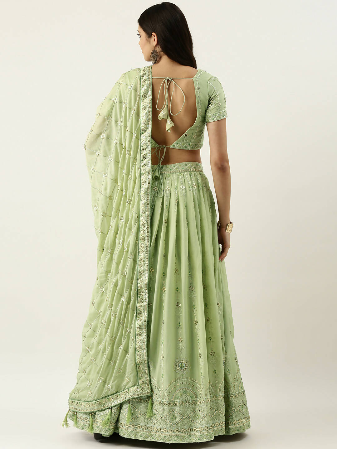 House of Panchhi Pista Green Pure Georgette Embroidered Lehenga & Blouse, Dupatta - Distacart
