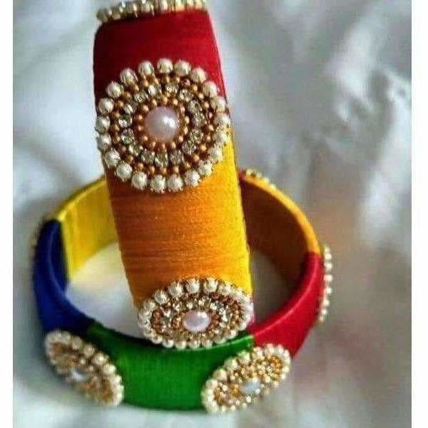 Multi Color Threaded with Multi Color Beads - Set of 2 Bangles - Distacart