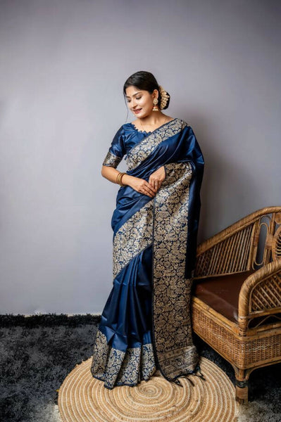 Vishnu Weaves Women's Blue Handloom Raw Silk Woven Border Saree with Unstitched Blouse - Distacart