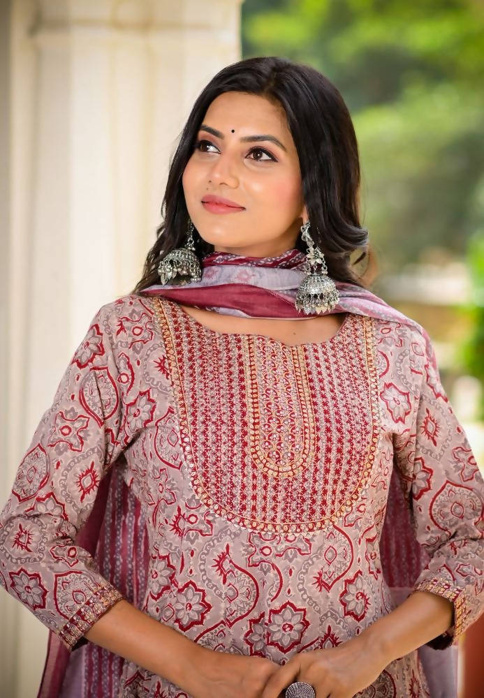 Yufta Women Maroon Printed Kurta with Palazzo and Dupatta