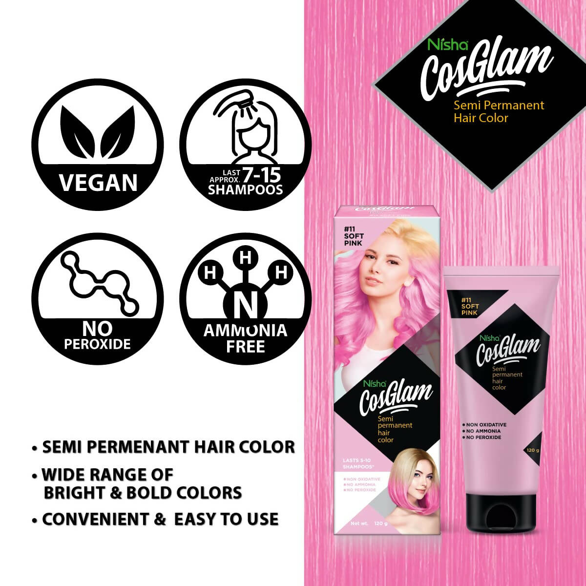 Nisha Cosglam Semi Permanent Hair Color 11 Soft Pink - Distacart
