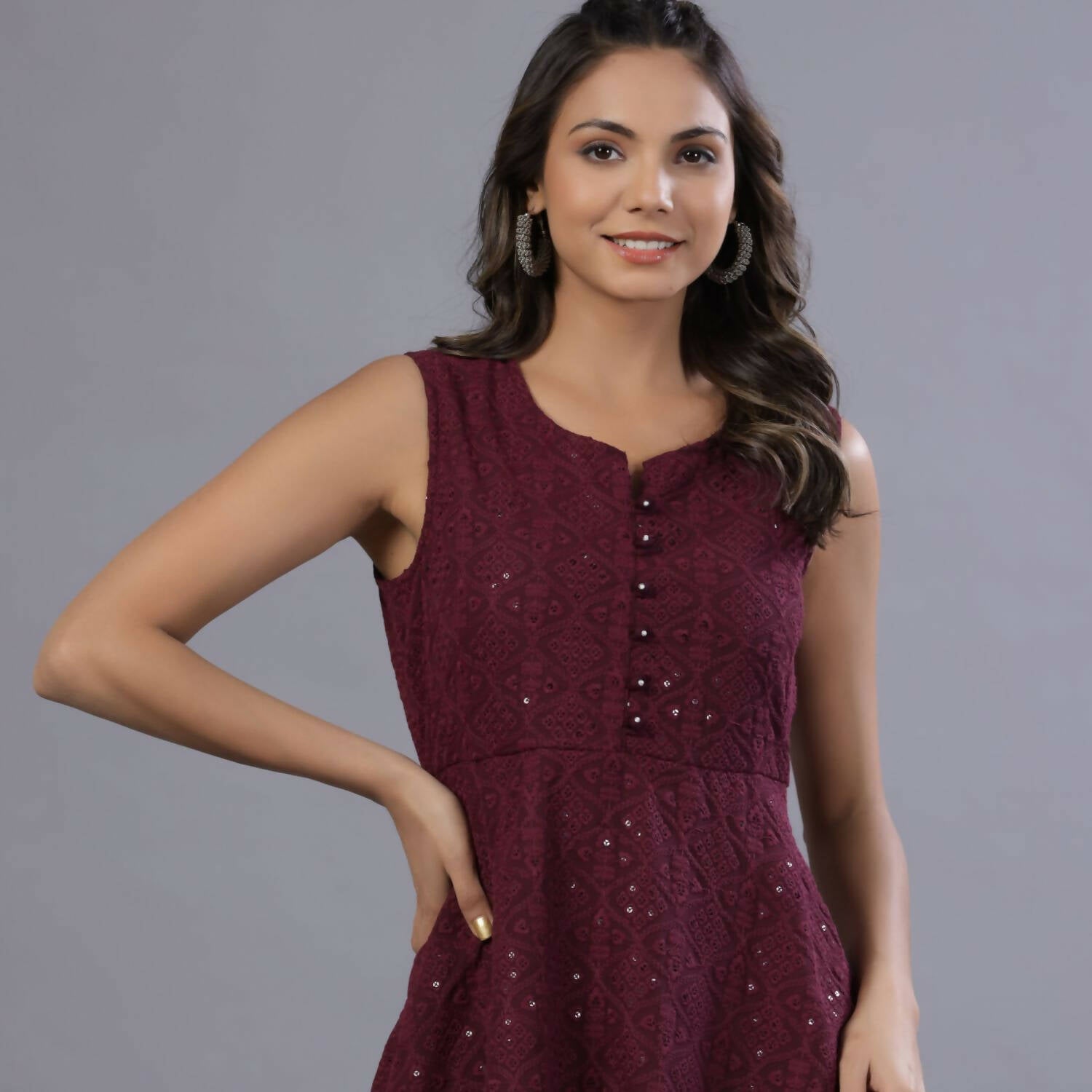 Juniper Women Wine Georgette Embroidered Peplum Tunic - Distacart