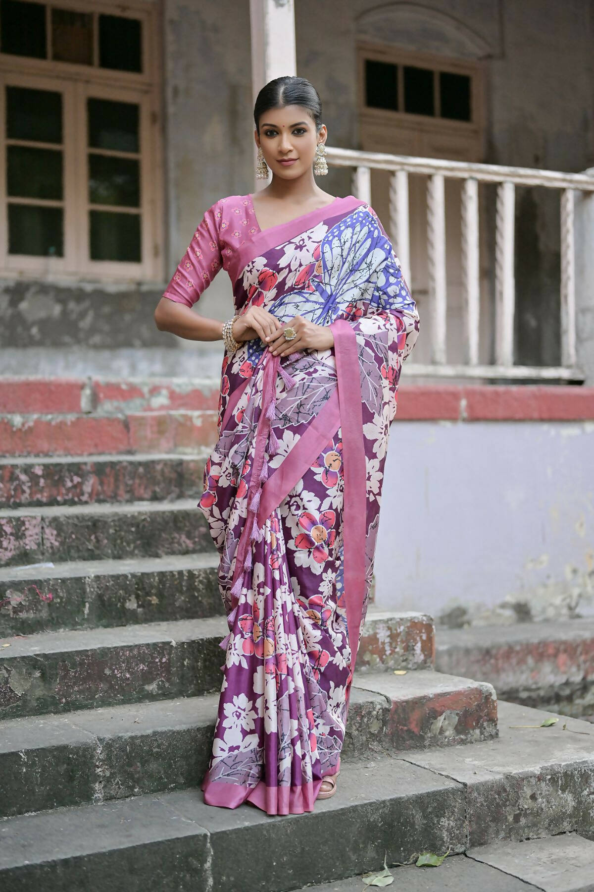 Vishnu Weaves Women's Wine Cotton Silk Printed Saree with Blouse - Distacart