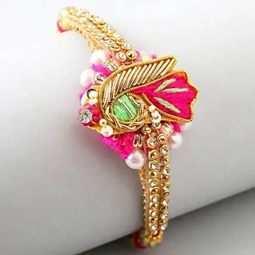 Delightful Pink Zardosi Rakhi & Fruit N Nut Chocolates - Distacart