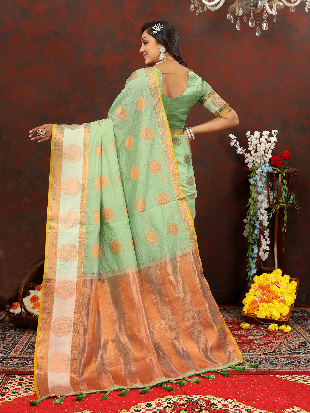 Lorenvalley Fashion Seagreen Cotton with Woven Design Zari Weaving Saree - Distacart