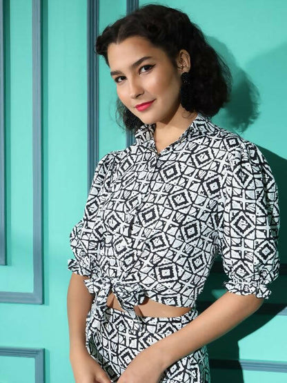 White Crepe Geometric Printed Top with Matching Skirt - Shivani - Distacart